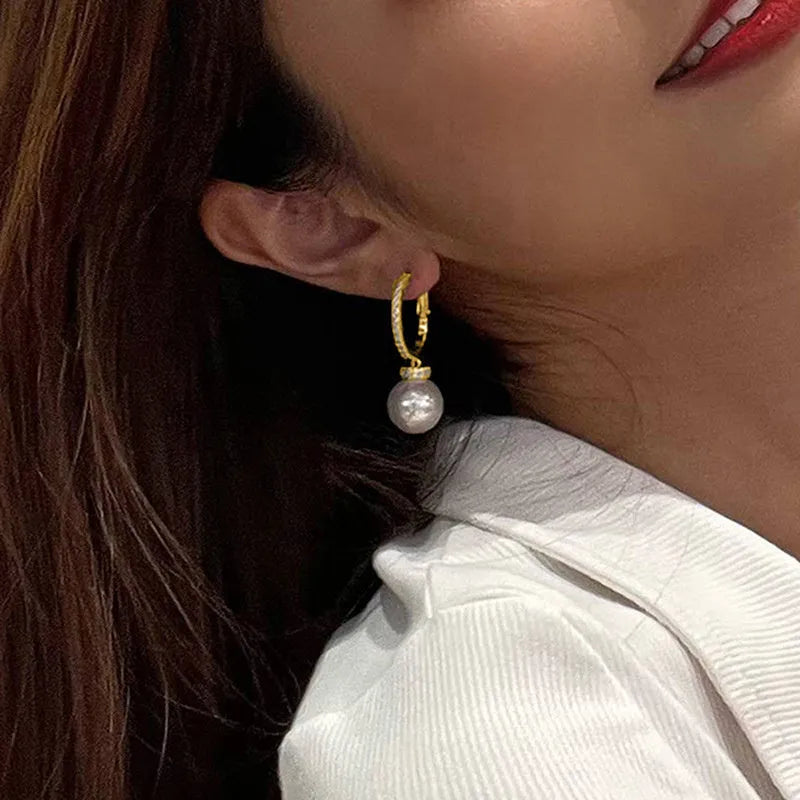 Yellow gold copper earrings with imitation pearl and zircon in geometric round and ring design