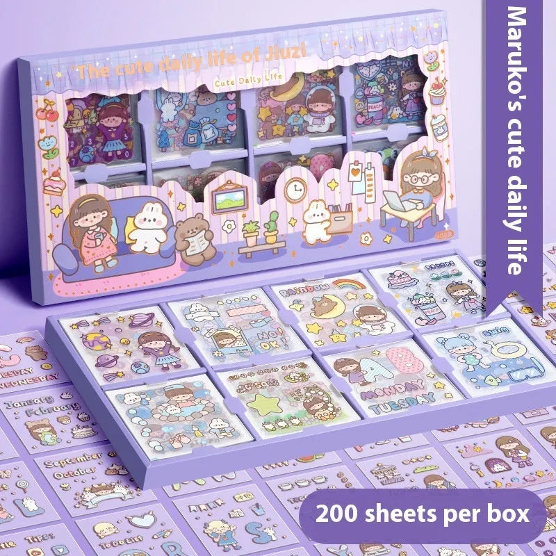 Box of children's themed stickers for notebook decoration with five colourful design options