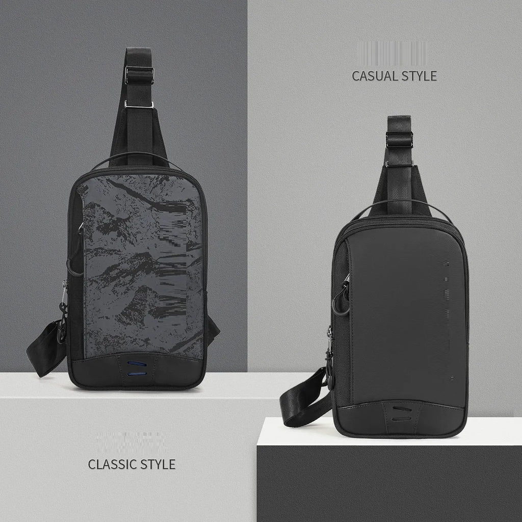 Casual black camouflage chest bag with adjustable strap, shown open to reveal internal phone pocket.