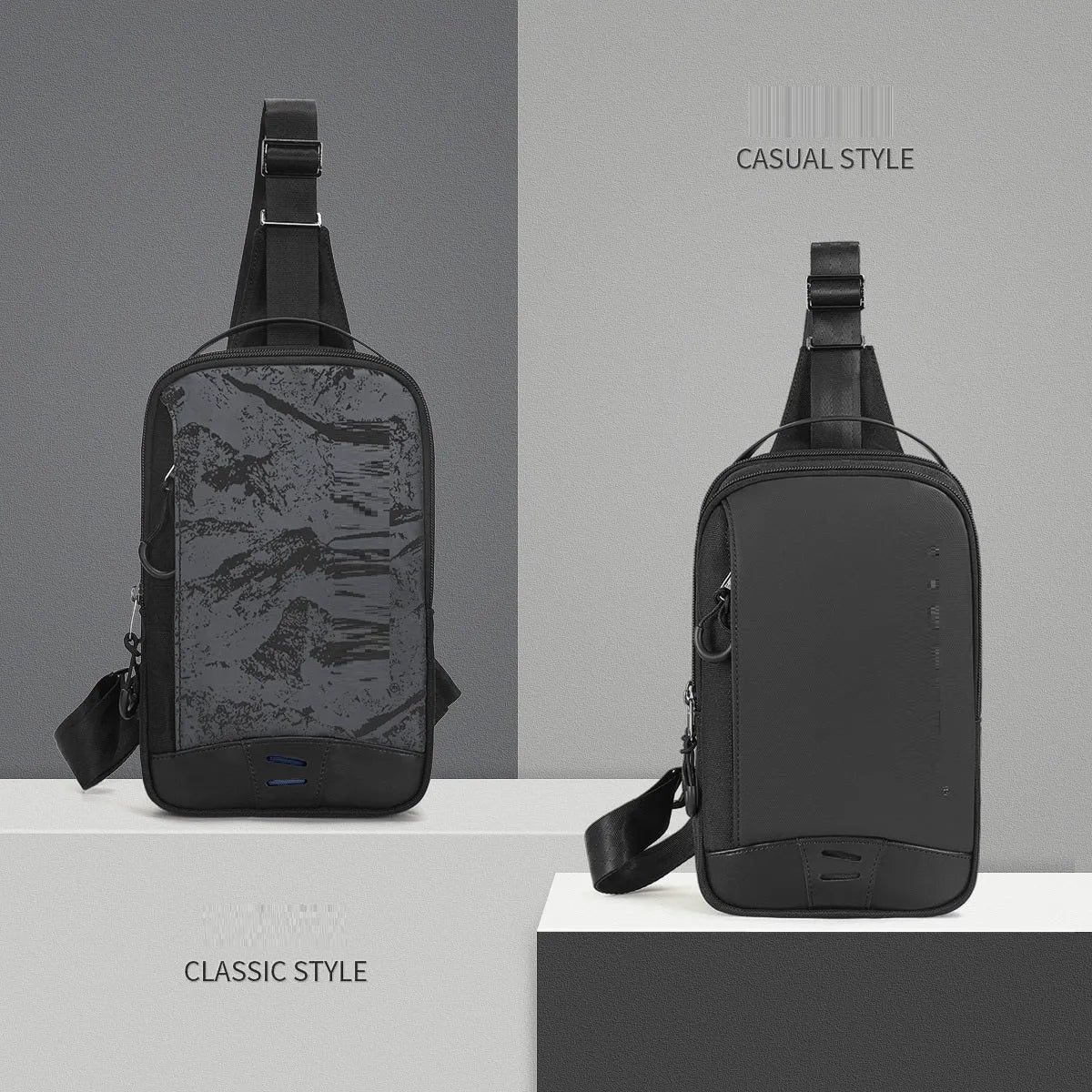 Casual black camouflage chest bag with adjustable strap, shown open to reveal internal phone pocket.