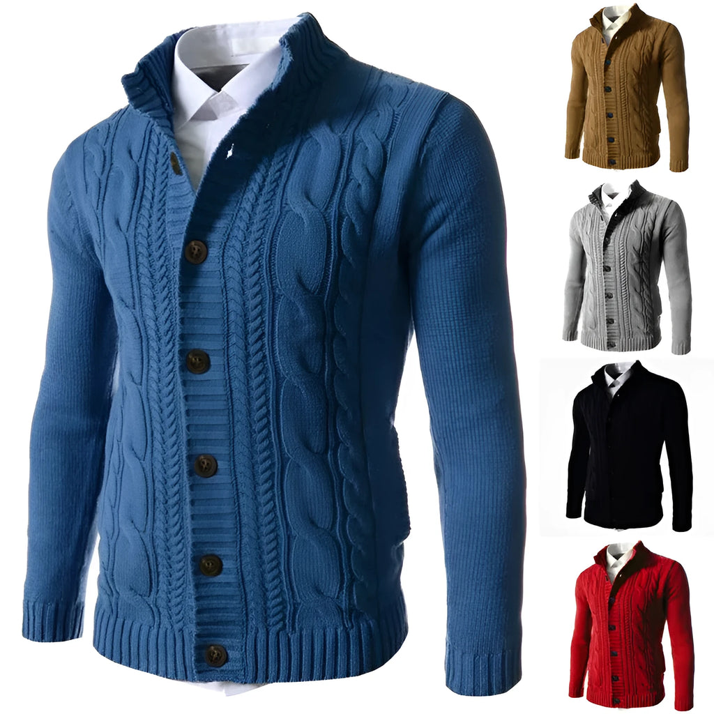 Men's stand collar acrylic knit cardigan, long sleeve, button front, ribbed hem, in black, blue, green, grey, and red