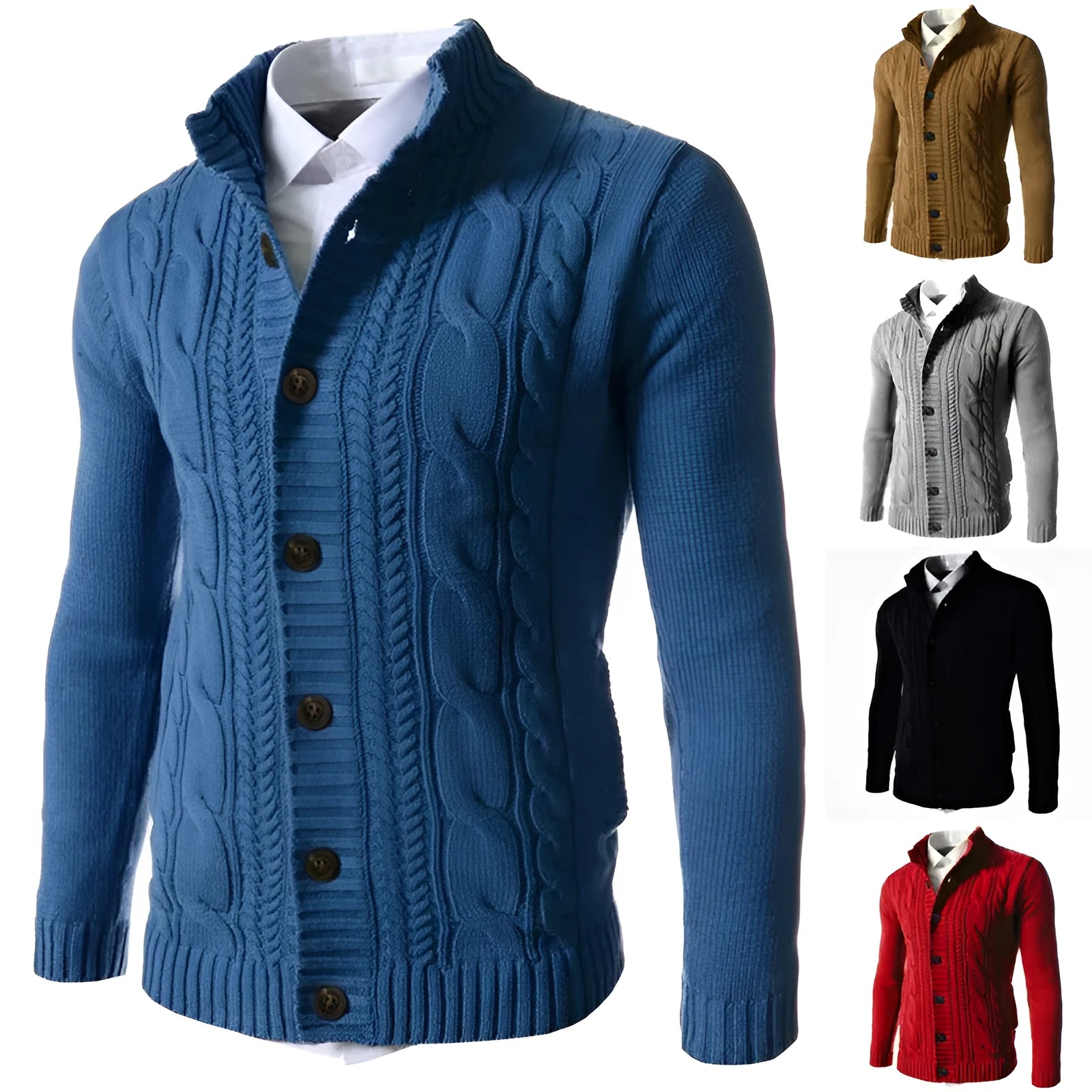 Men's stand collar acrylic knit cardigan, long sleeve, button front, ribbed hem, in black, blue, green, grey, and red