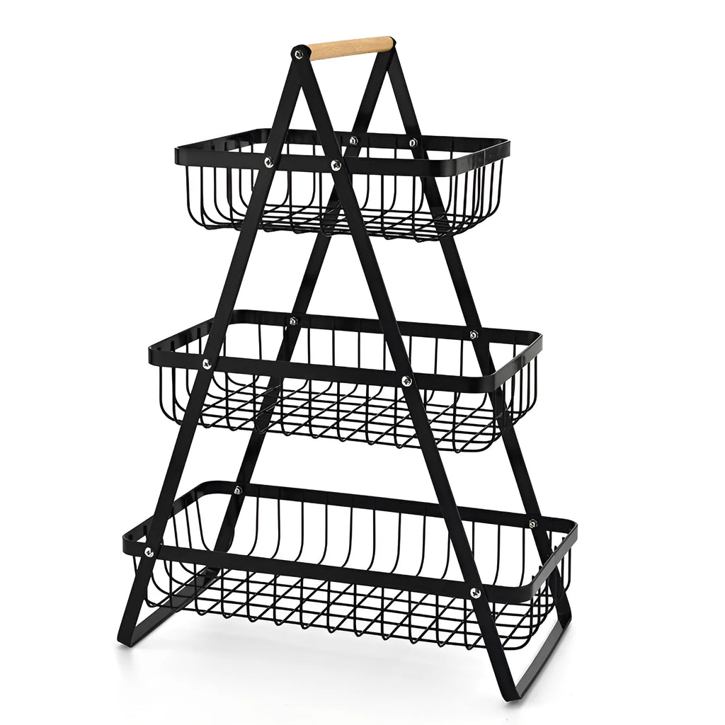 Black detachable double-layer iron fruit basket with wooden handle on tabletop