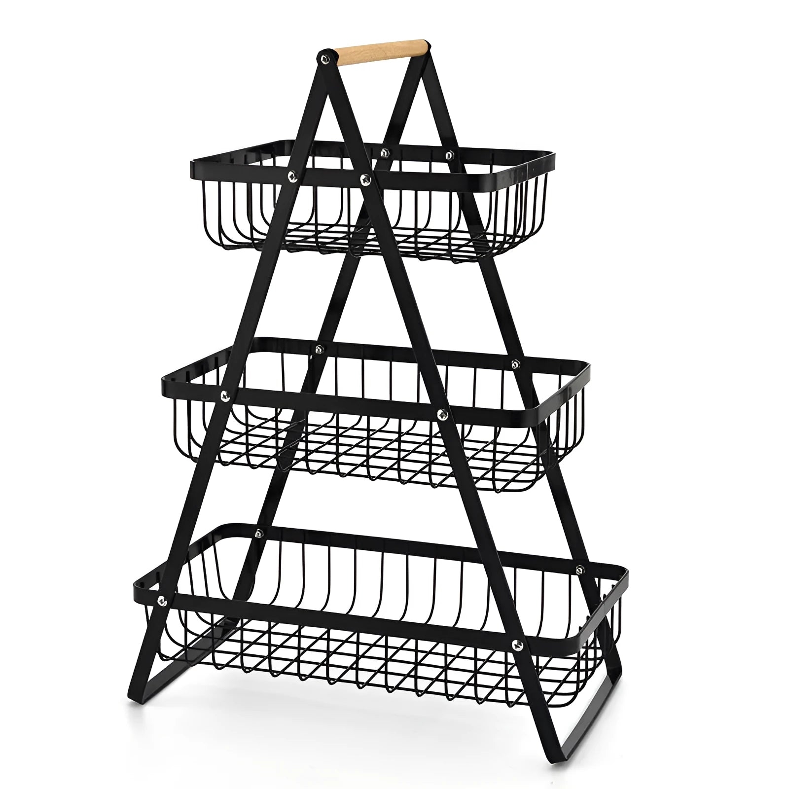 Black detachable double-layer iron fruit basket with wooden handle on tabletop