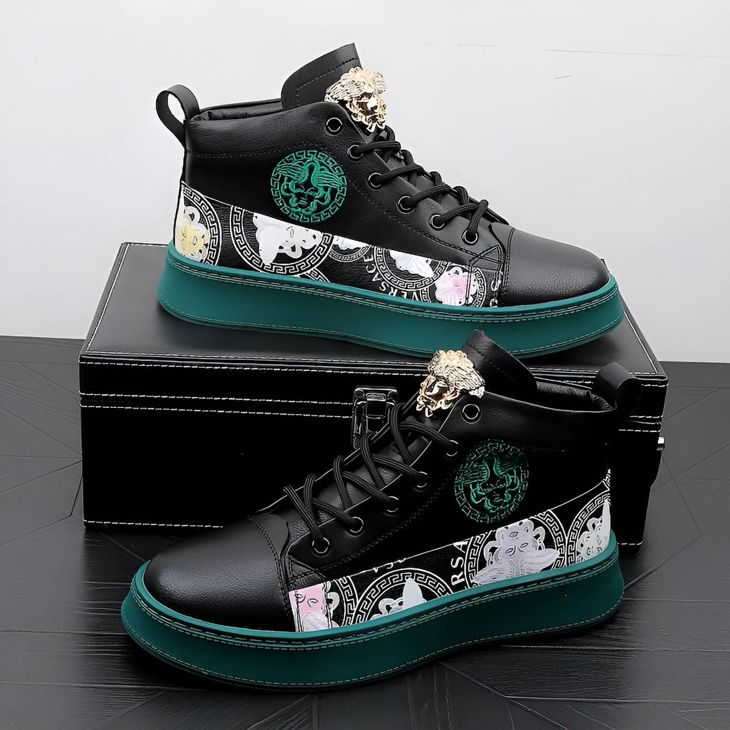 Men's high-top board shoes in black with microfiber upper, rubber sole, and lace-up closure.
