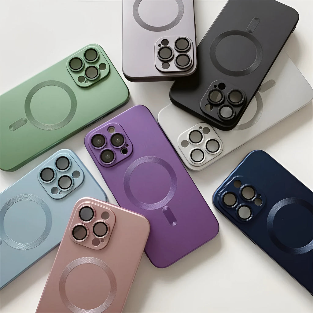 Magnetic suction liquid silica gel phone case with electroplated lens film for iPhone 15 16 series, available in multiple colours