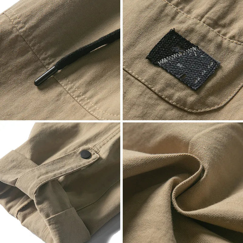 Men's loose straight twill cargo pants in khaki and gray, drawstring waist, patchwork detailing, Japanese workwear style