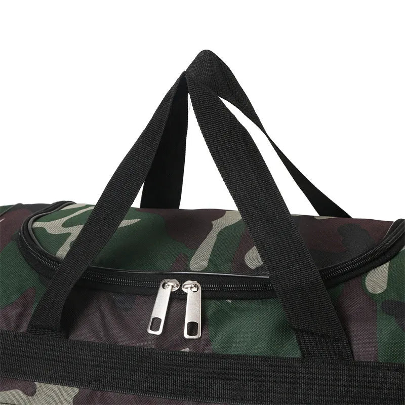 Camouflage coloured waterproof luggage bag with striped polyester lining.