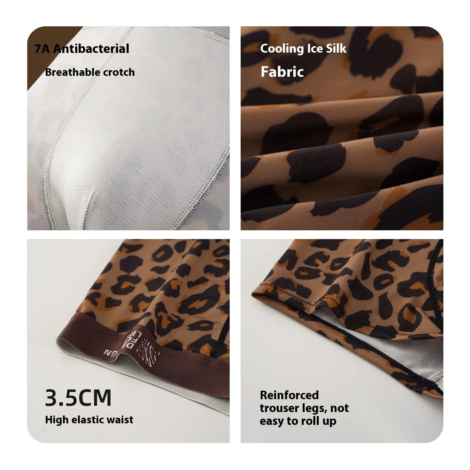 Men's leopard print polyester ice silk underwear showing mid waist design.