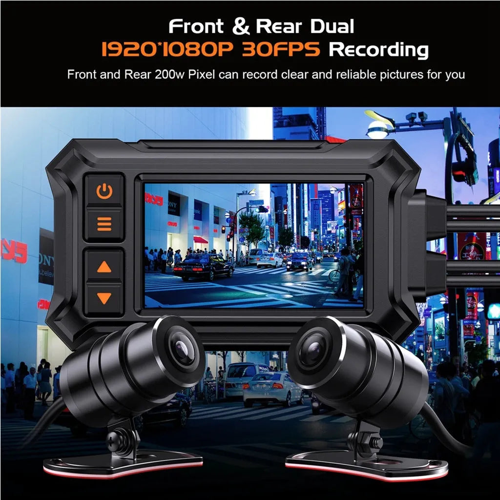 Motorcycle dash camera unit with 3 inch display, two lenses, GPS module, and installation cables.