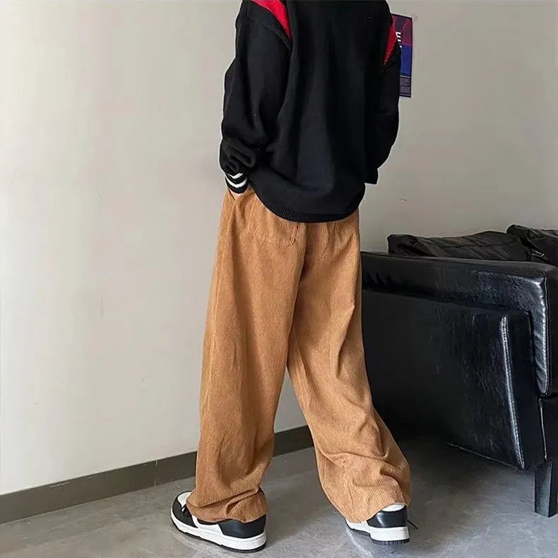 Men's corduroy straight leg trousers in khaki, white, black or dark grey, sizes M-3XL, with fleece-lined options.