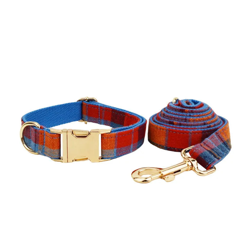 Blue velvet plaid dog collar and leash set with matching bandana accessory on adjustable cloth collar