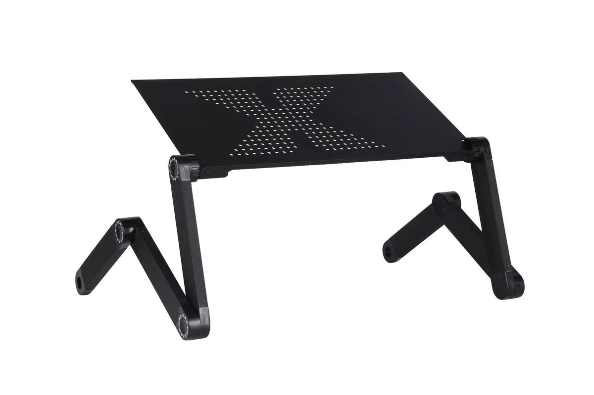 Portable folding laptop desk in black or rose red with metal frame, ventilated top, 480 mm adjustable height and 360-degree tilt