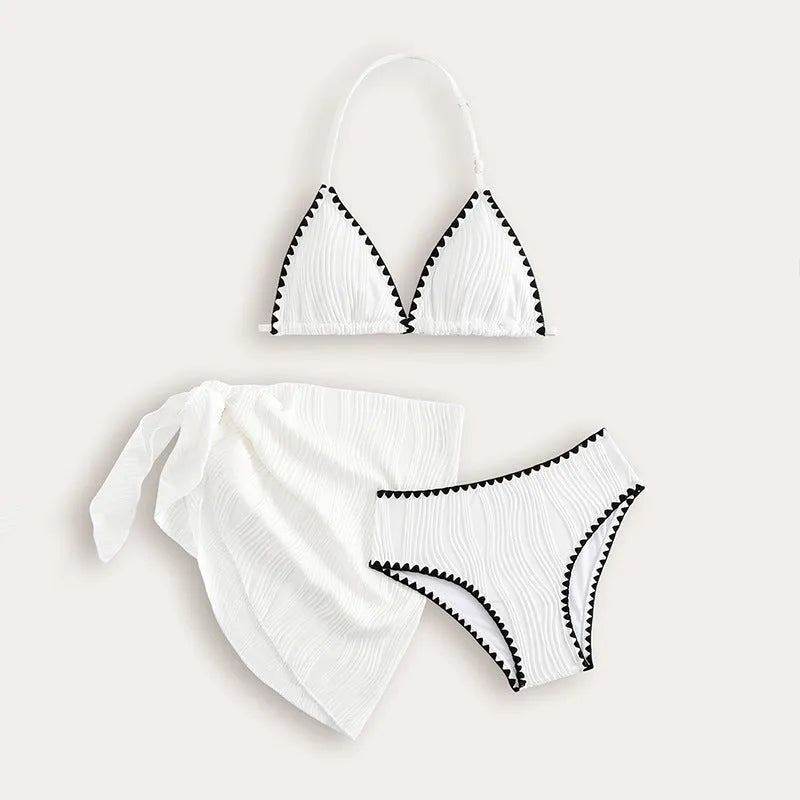 White solid colour three-piece swimsuit set for girls with top, pants, and skirt