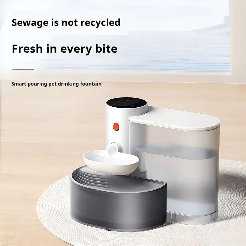 White rechargeable 3L cat water fountain with stainless steel bowl on a grey floor