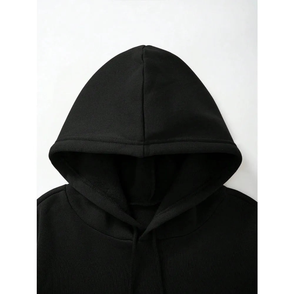 Men's black pullover hoodie with 3D stereo print pattern on front, long sleeves, spandex fabric