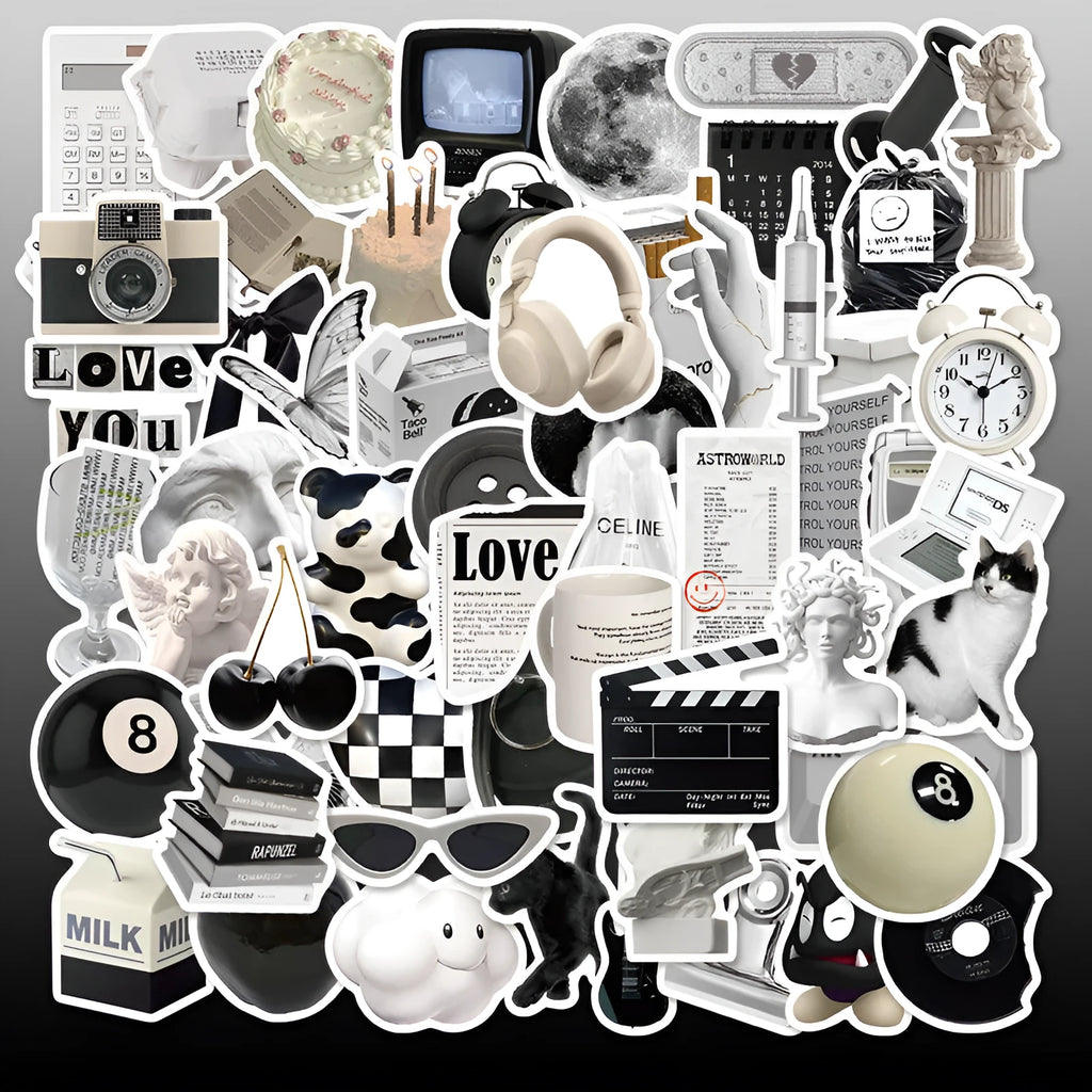 Set of 61 black and white simple style waterproof PVC vinyl stickers for laptops and phones.
