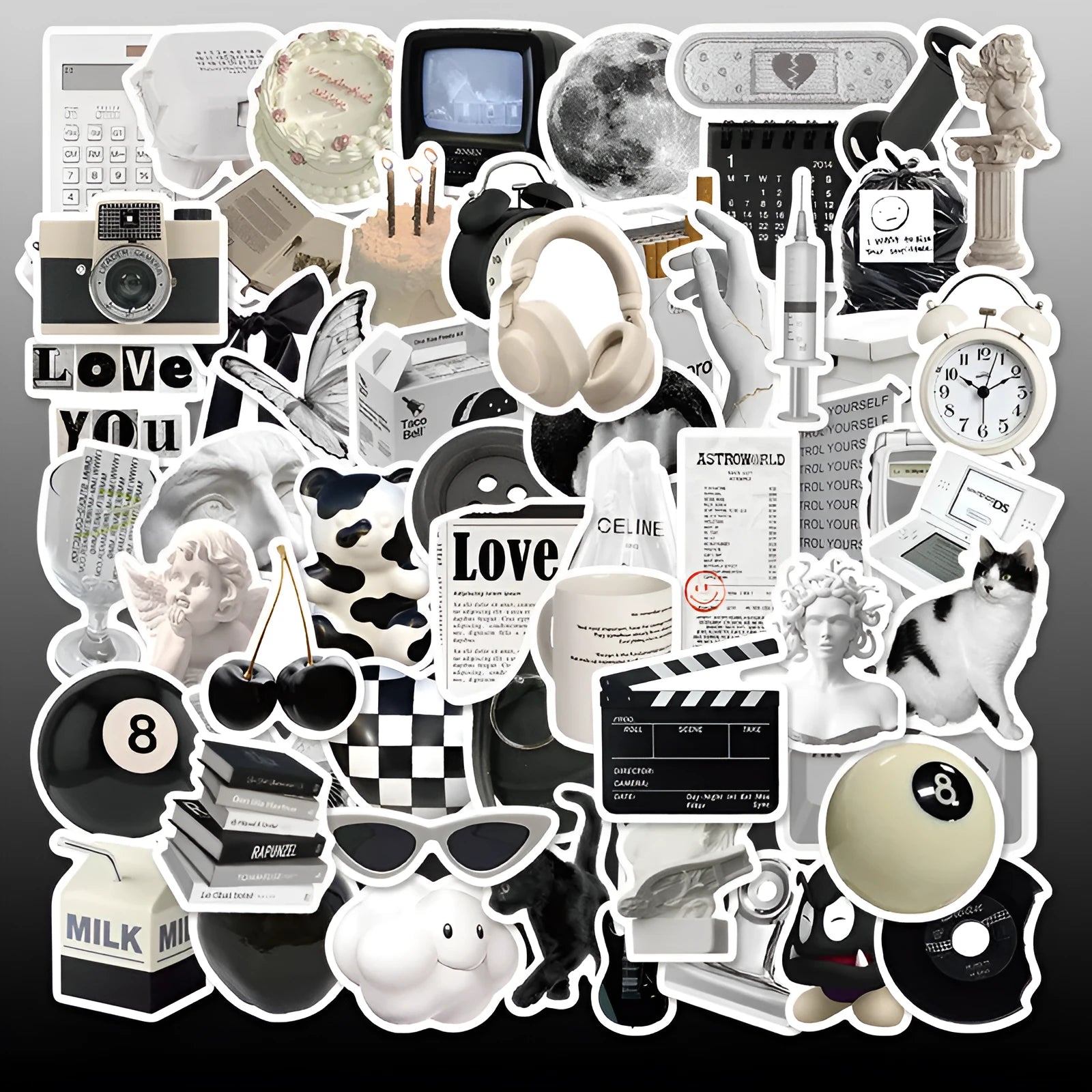 Set of 61 black and white simple style waterproof PVC vinyl stickers for laptops and phones.