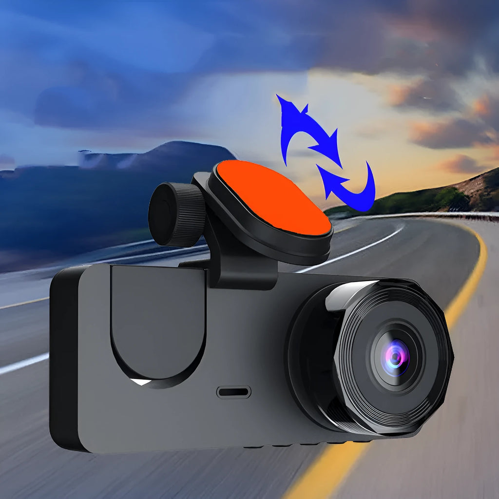 Black car dashboard camera with wide-angle lens and touchscreen display for vehicle recording