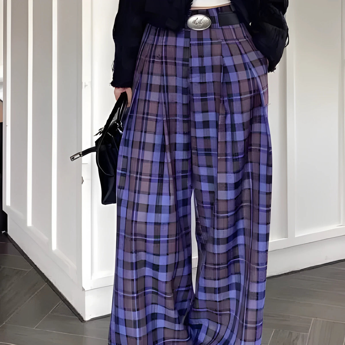Purple plaid wide-leg high-waisted long trousers in Hong Kong retro style, sizes S to 4XL