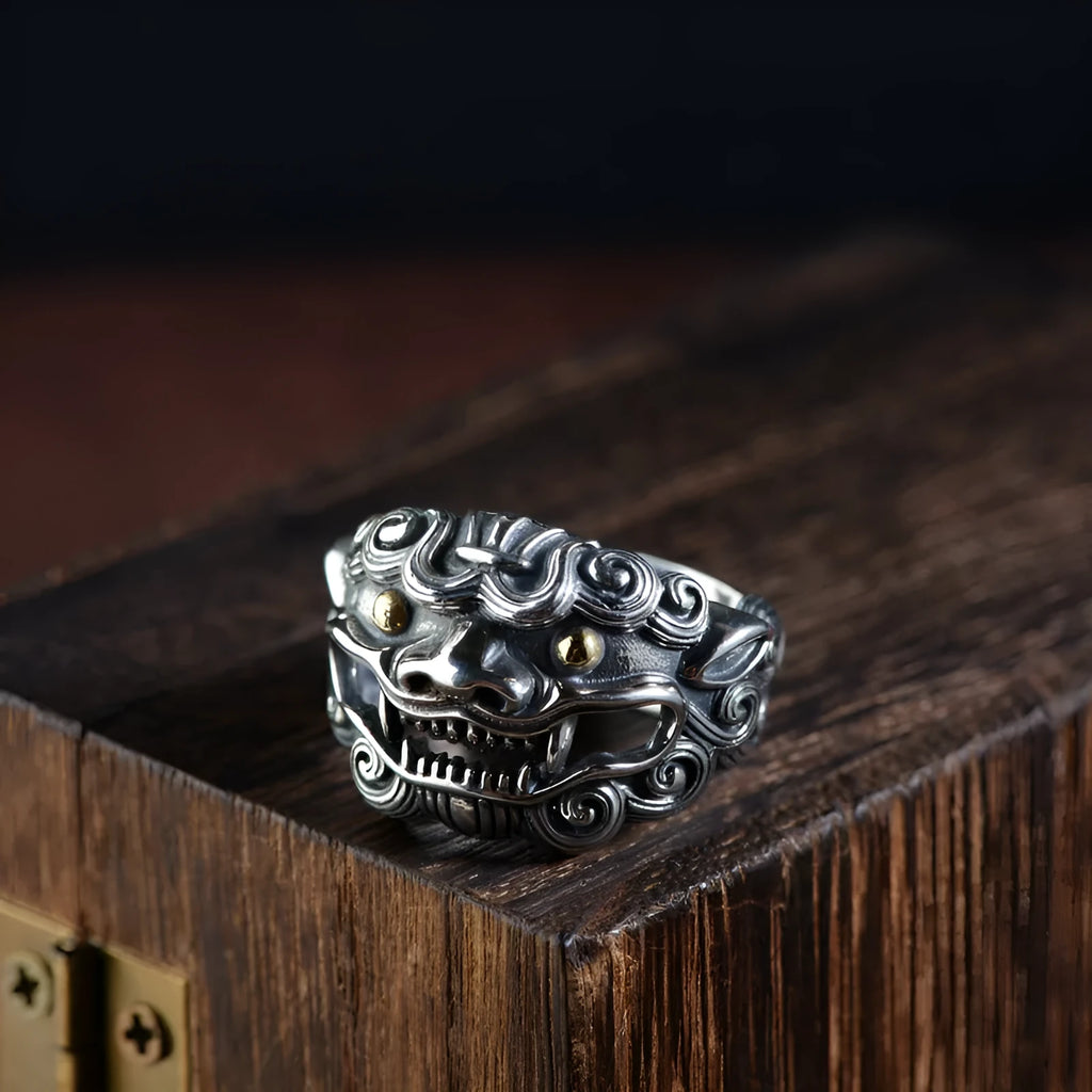Silver open ring with adjustable design featuring detailed jibeast animal zodiac pattern modelling