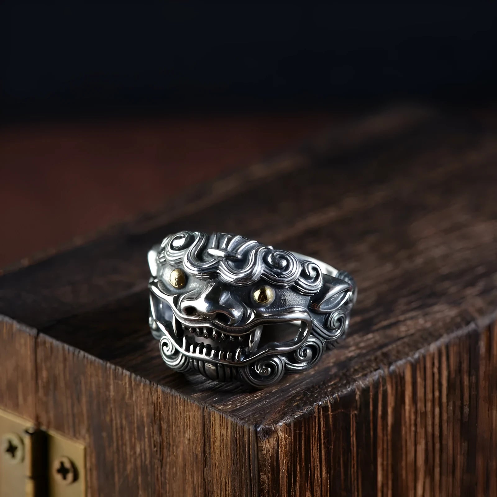 Silver open ring with adjustable design featuring detailed jibeast animal zodiac pattern modelling