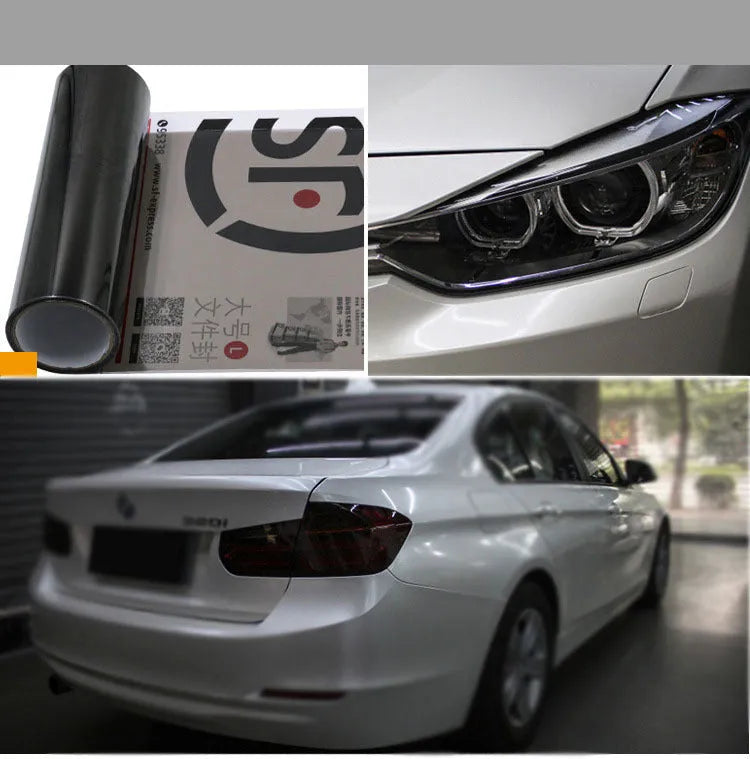 A roll of 30cm wide dark grey car lamp protective film for headlight and taillight protection.