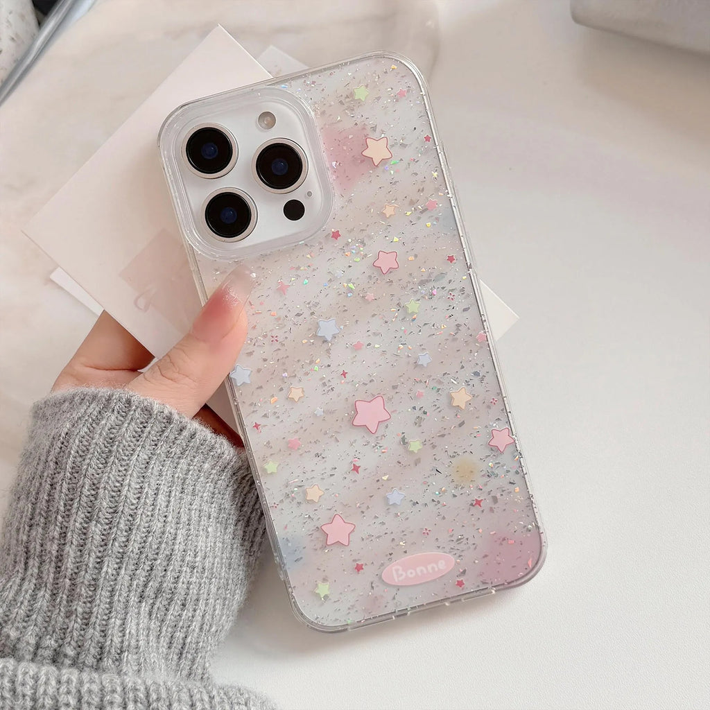 Transparent powder dyed blue phone case with yellow star and smudges design for Apple iPhone