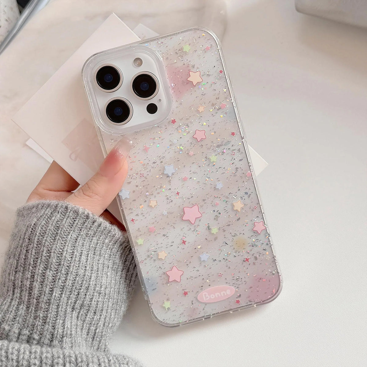 Transparent powder dyed blue phone case with yellow star and smudges design for Apple iPhone