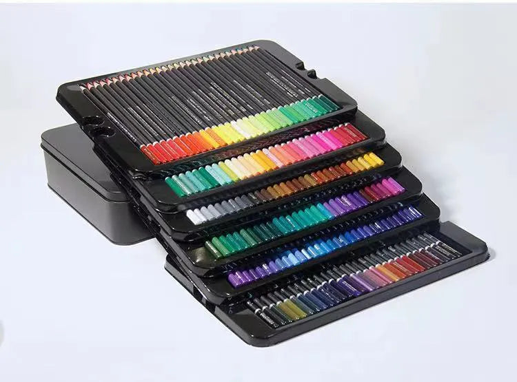 180-colour oily drawing pencils in wooden shells with tin box storage for art supplies