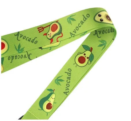Avocado cartoon design on a green and black double-sided polyester phone lanyard with a silver adjustable buckle.
