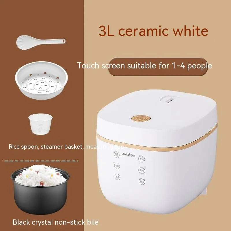 White intelligent rice cooker with steamer basket accessory and black crystal inner pot