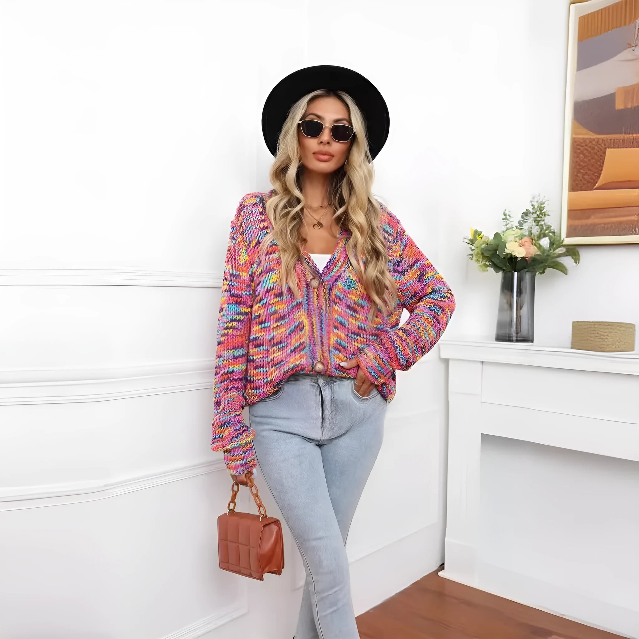 Rose red rainbow striped women's cardigan coat with loose fit and regular sleeves