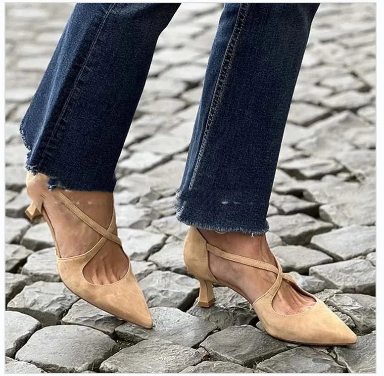 Plus size suede high heel sandals with pointed toe, cross buckle strap, hollowed design, T-shaped buckle, 6-8cm heel, green apricot blue