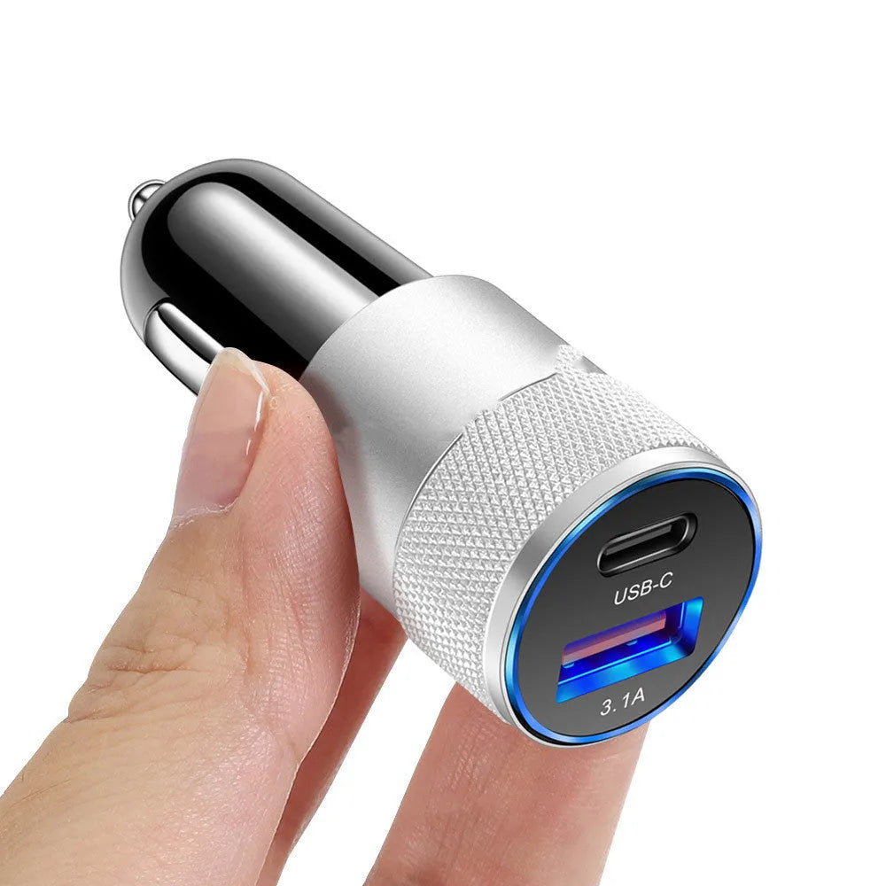 Aluminium alloy mobile phone car charger showing compact 2.5 by 6cm dimensions