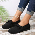 Women's breathable mesh lace-up flats with cross strap, round toe, and flat rubber sole in black, blue, brown, or light grey.