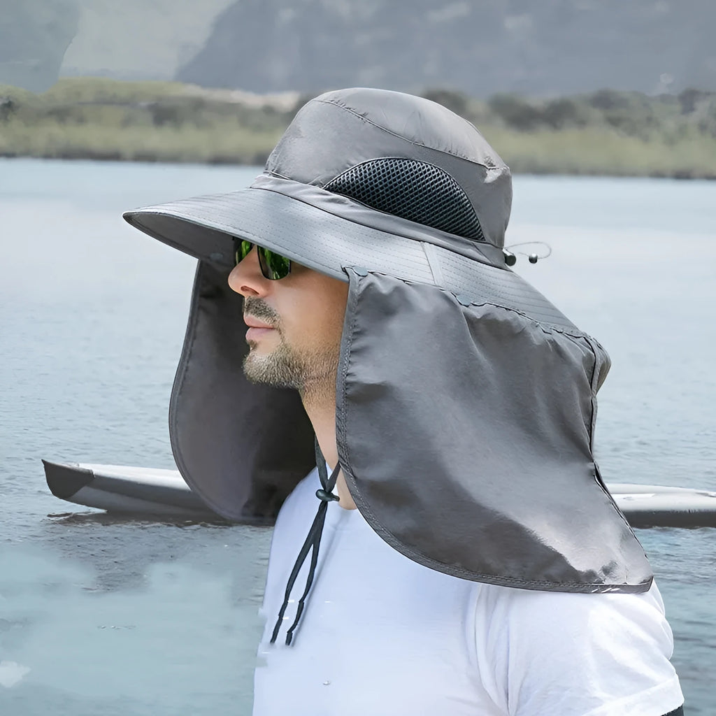Fisherman hat with neck sun protection in quick-drying nylon fabric for outdoor summer use
