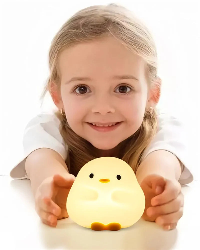 Cute duck LED night lamp in silicone with USB charging, touch sensor, and 125mm x 105mm x 110mm size