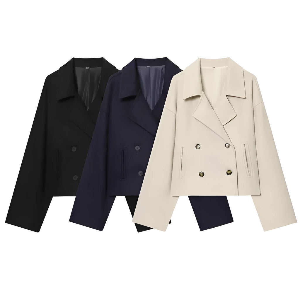 Double breasted short woolen coat for women in apricot with front pocket and regular sleeves