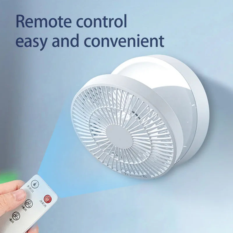White portable folding fan with remote control showing 90° adjustable head and USB charging port