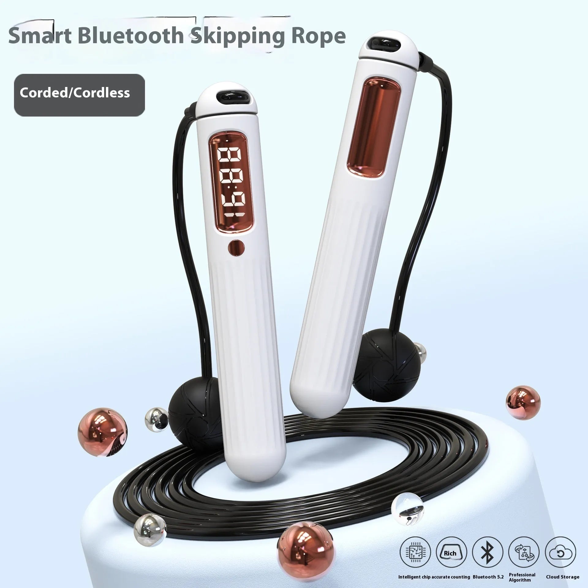 Smart Bluetooth skipping rope with counter in A8 pearl white colour, coreless design with weight bearing ball