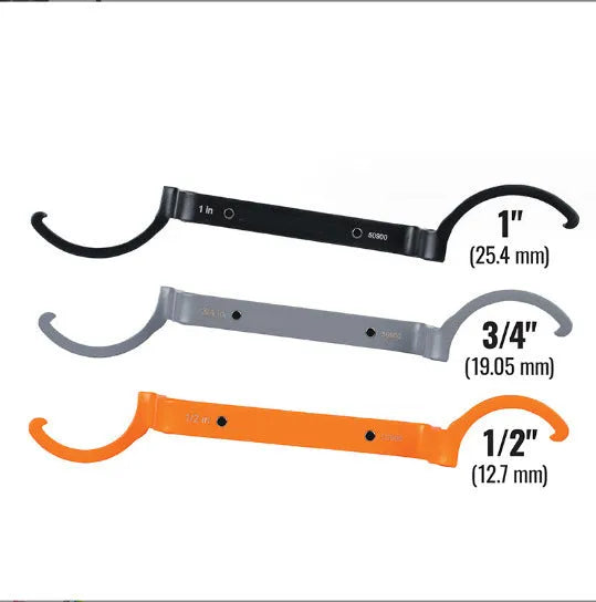 Orange, grey, and black magnetic crescent wrenches with catheter locking, shown together as a three-piece set.