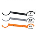 Orange, grey, and black magnetic crescent wrenches with catheter locking, shown together as a three-piece set.