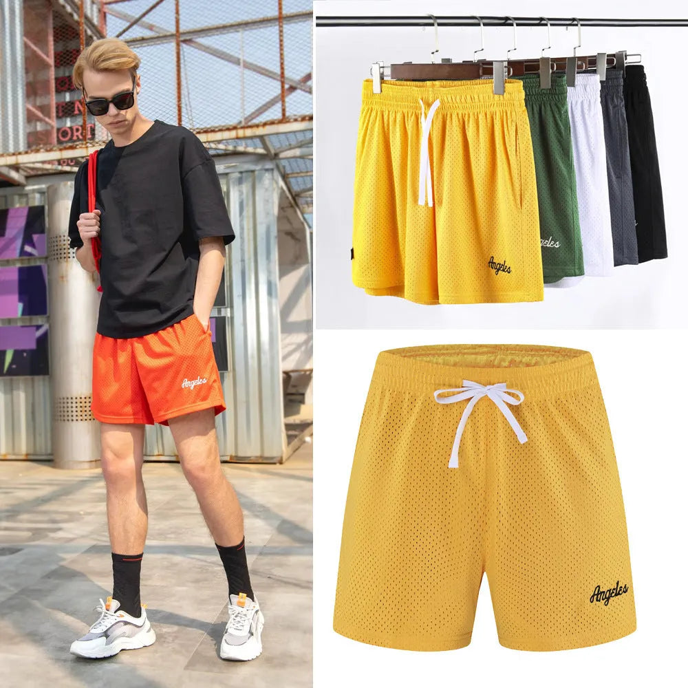 Men's double-layer mesh shorts in a selection of colours including black, sports purple, and yellow.