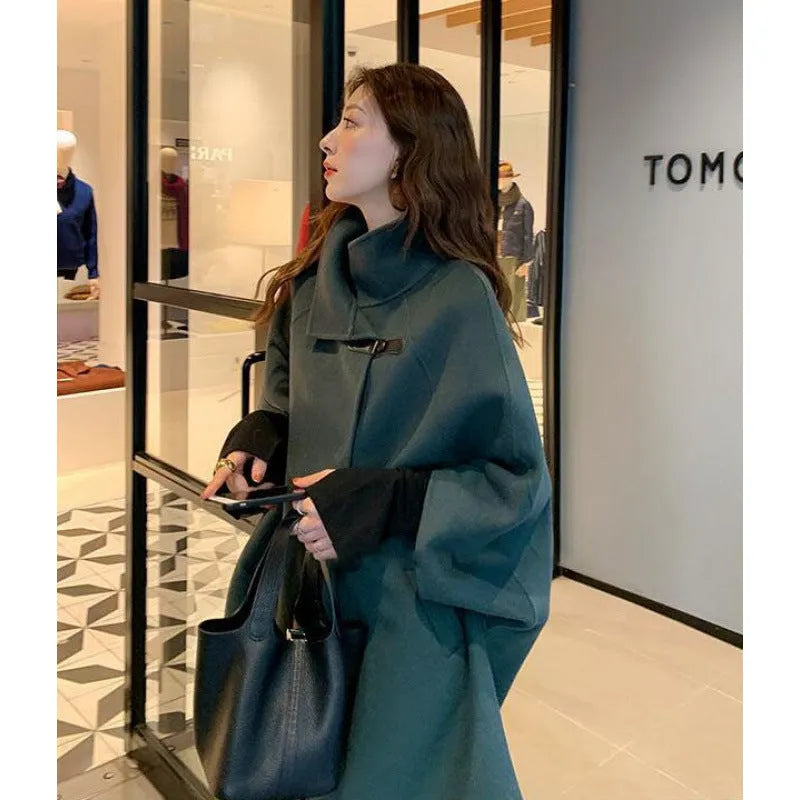 Women's long oatmeal green acrylic coat with flight sleeves and 100cm length