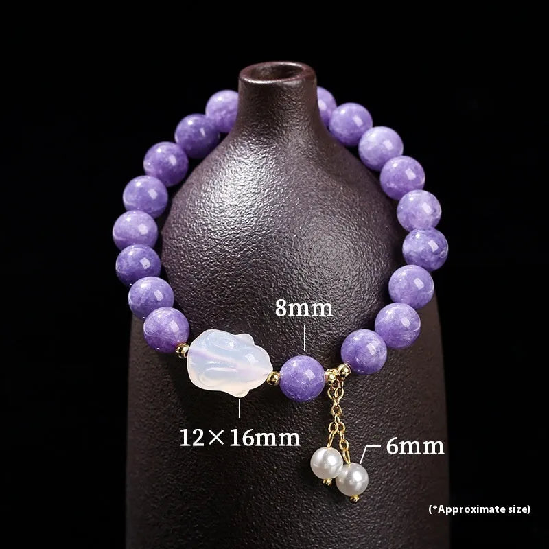 Purple aquamarine agate rabbit bracelet with geometric charm, handcrafted jewellery for women.
