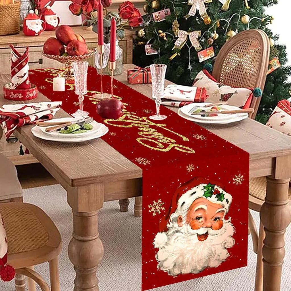 Polyester table flag 181x35.5cm with Santa Claus Head Statue design for Christmas dining table decoration