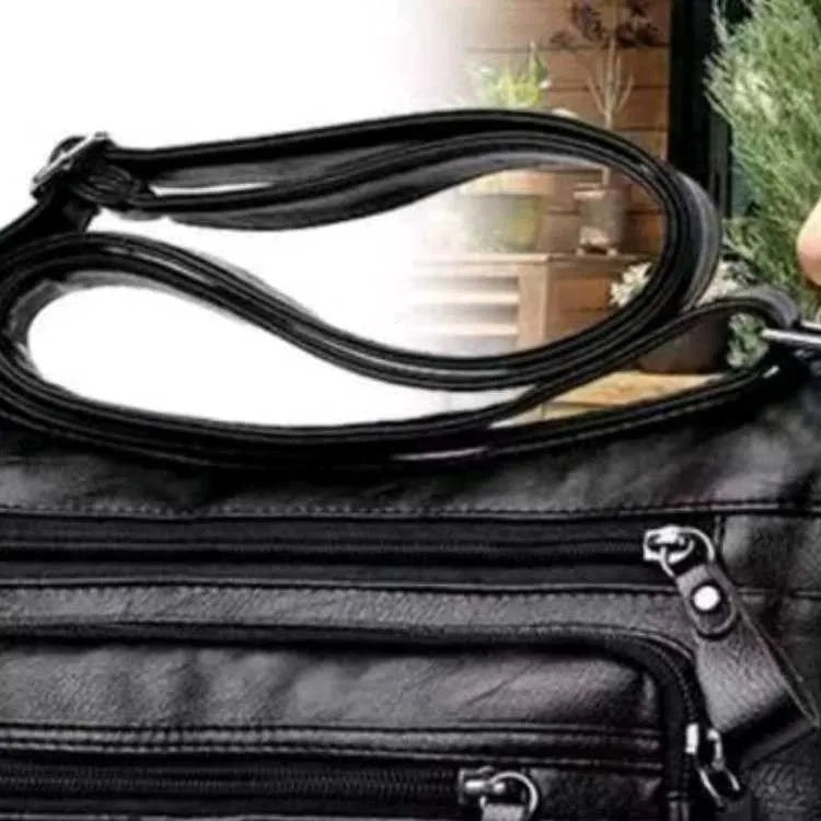 Black soft PU leather messenger bag with retro stitching and single shoulder strap