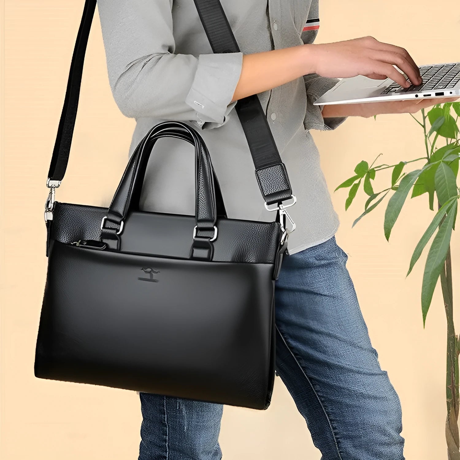 Black and brown PU leather men's shoulder messenger bag with crossbody strap, 35x30cm