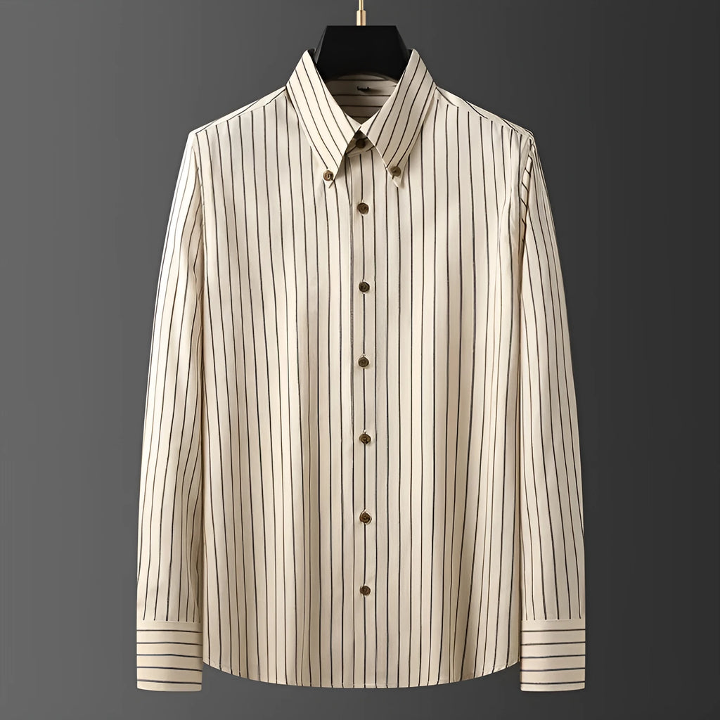 Coffee-coloured men's long-sleeved slim-fit business shirt with wool lining on a hanger